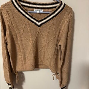 Derek Heart Tan V-Neck Sweater with Black and White Trim